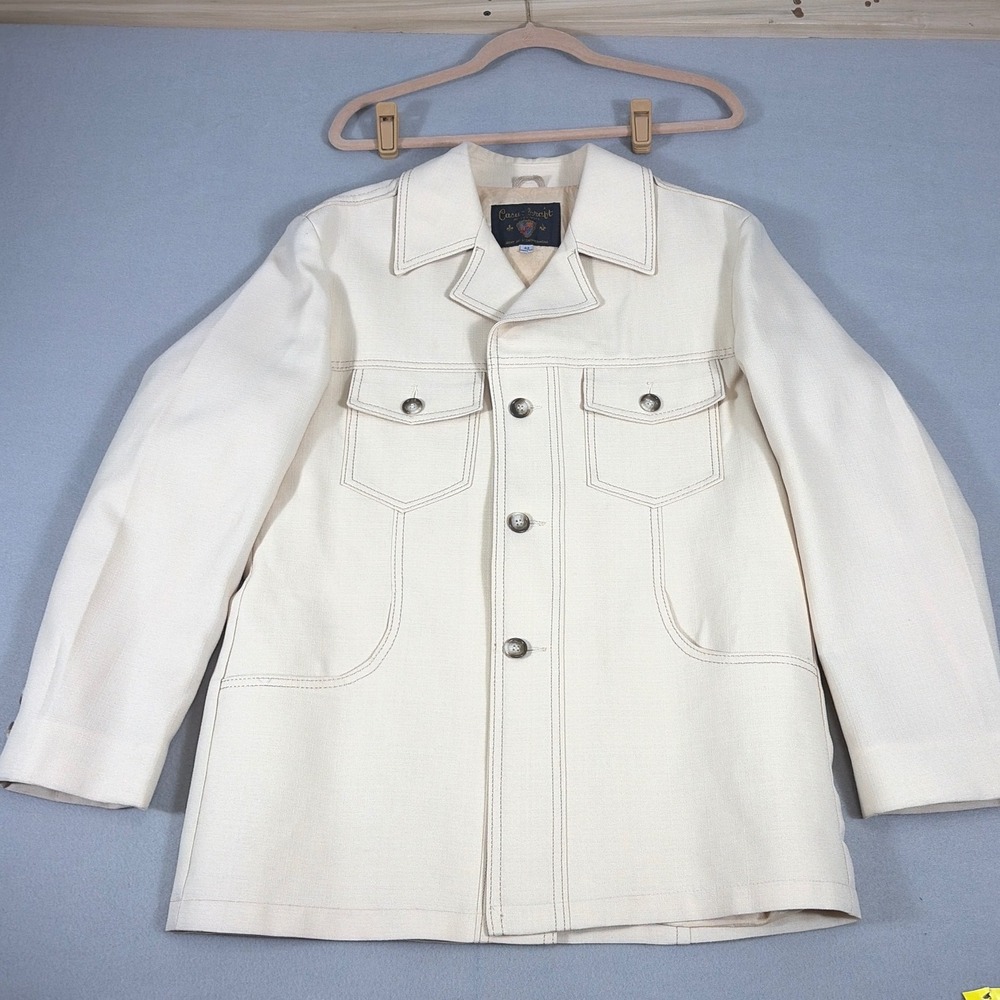 Vintage Casual Craft of New York Mens 42 Cream Safari Jacket 70s Contrast Stitch